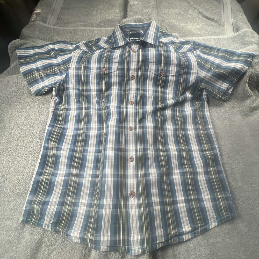 PrAna Shirt Men's XL Blue Plaid Short Sleeve Button Up Hiking Outdoor